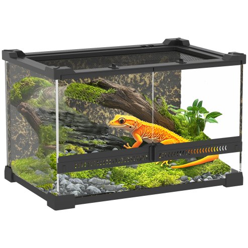 PawHut Reptile Glass Terrarium, Reptile Vivarium with Stone Background, Front Ventilation, Escape-Proof Knob Lock, Glass Enclosure for Lizards, Horned Frogs, Snakes, 30 x 20 x 20 cm, Black