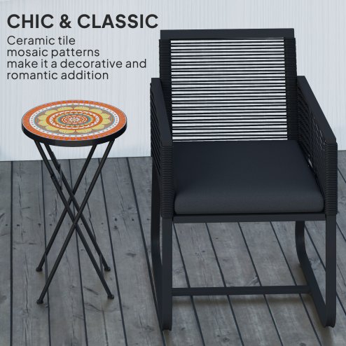 Outsunny Mosaic Outdoor Garden Table, 35.5cm Round Folding Coffee Table with Metal Frame for Balcony Terrace, Orange