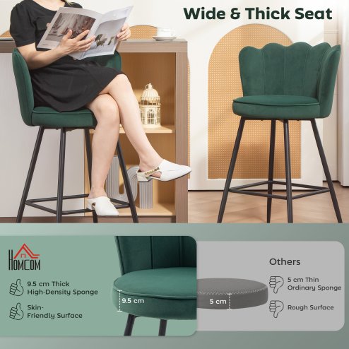 HOMCOM Bar Stools Set of 2, Modern Velvet-Feel Barstools with Petal Backrest and Footrest, Upholstered Breakfast Bar Chairs with Metal Legs for Kitchen Island Counter, Dining Room, Dark Green