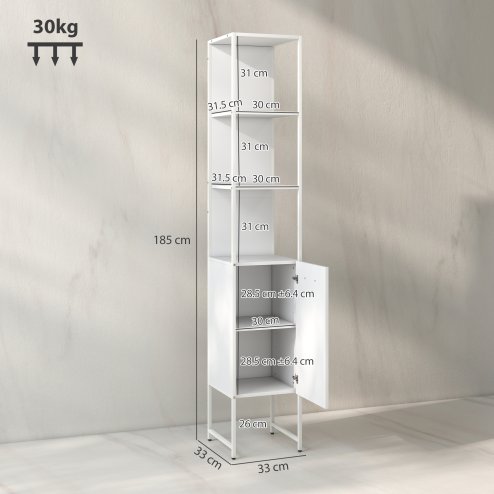 HOMCOM Tall Bathroom Cabinet, Slim Bathroom Storage Cabinet with 3 Open Shelves and Adjustable Shelf, Freestanding Storage Cupboard, 33 x 33 x 185 cm