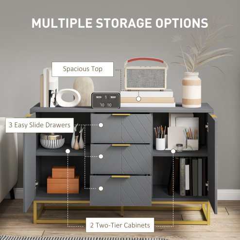 HOMCOM Sideboard for Living Room, Modern Storage Cabinet with 3 Drawers and Adjustable Shelves, Freestanding Cupboard for Dining Room, Kitchen, Grey