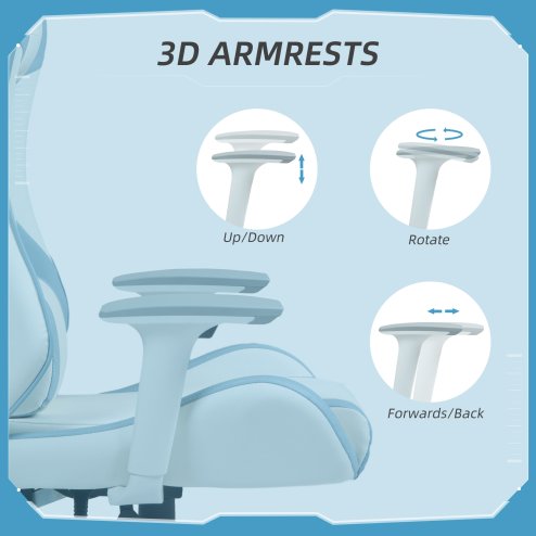 HOMCOM Gaming Chair, Racing Gamer Chair, Reclining Faux Leather Computer Chair with Headrest, Lumber Support, 3D Armrests, Adjustable Height, Swivel Wheels for Home Office, Light Blue