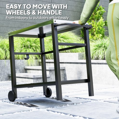 Outsunny Outdoor Grill Dining Cart 2-Shelf Movable Pizza Oven Table Stand with Stainless Steel Top, Portable BBQ Trolley Food Prep Outdoor Kitchen BBQ Station with Hooks Wheels Handle, Charcoal Grey