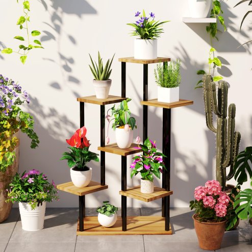 Outsunny 5 Tier Plant Stand Indoor Outdoor, Tiered Corner Steel Wood Plant Shelf for Multiple Plants, Tall Flower Stand Display Rack for Garden Patio Balcony Living Room, Carbonised Finish