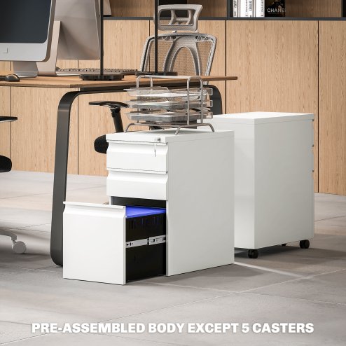 Vinsetto 3-Drawer Filing Cabinet with Lock, Mobile Steel File Cabinet for A4, Legal and Letter Size, Under Desk Drawers with Pre-Assembled Body for Home Office, 30 x 43.5 x 60 cm, White