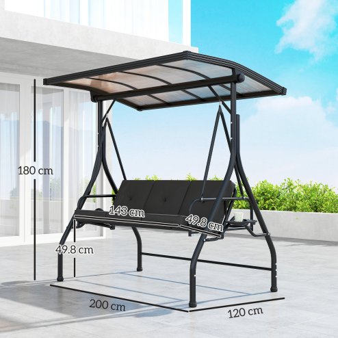 Outsunny 3 Seater Garden Swing Seat Bed with UPF30+ Adjustable Canopy, Convertible Swing Chair with Cushion, Outdoor Hammock Bench with Cup Trays for Balcony Patio, Black