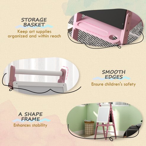 AIYAPLAY Kids Easel with Paper Roll 3 in 1 Art Easel for Toddlers Height Adjustable Double-Sided Kids Whiteboard Blackboard for Ages 3-6 Years - Pink