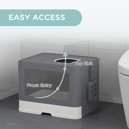 PawHut Cat Litter Tray with Hood Cat Litter Box with Brush, Front Entry, Top Exit, Removable Tray, Scoop, 48.5 x 38 x 36.5cm - Grey