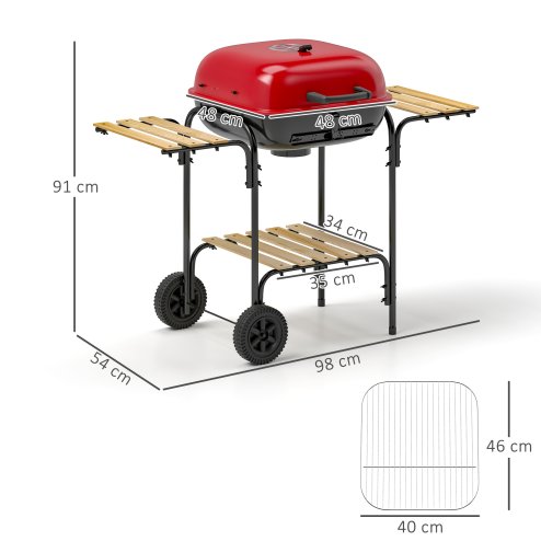 Outsunny Charcoal Barbecue Grill Portable BBQ Grill with 1840 cm? Cooking Area, 3 Shelves, Adjustable Vent, Lockable Lid, Wheels for Outdoor Cooking, Garden Party, Red