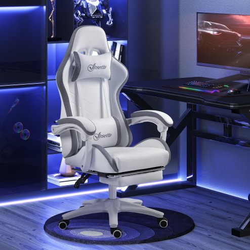Vinsetto Computer Gaming Chair, PU Leather Office Desk Chair with Footrest, Swivel Wheels, 135?? Reclining Back, Lumbar Support, Headrest for Home, White and Grey
