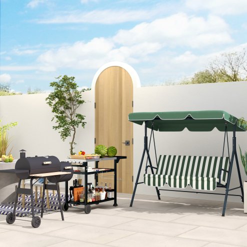 Outsunny Charcoal Barbecue Grill with Offset Smoker, Barrel BBQ Trolley with 3 Storage Shelves & Thermometer for Outdoor Garden Camping Picnic Cooking, Black