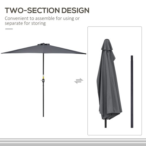 Outsunny 3(m) Half Parasol, Semi Round Umbrella with Metal Frame, Crank Handle for Balcony, Garden, Grey