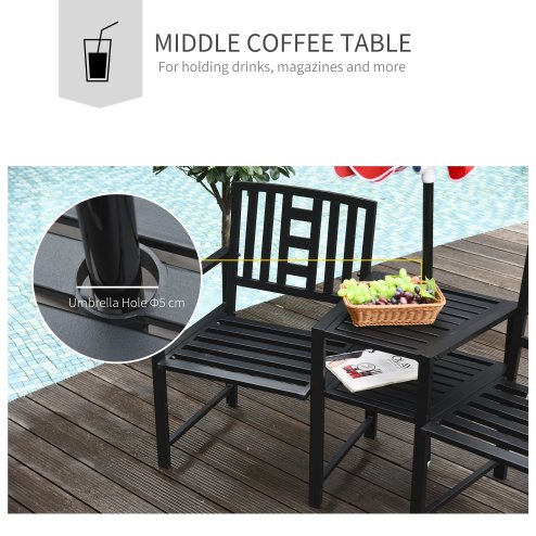 Outsunny Patio Tete-a-tete Chair 2 Seat Bench Middle Coffee Table w/ Umbrella Hole for Outdoors Decorative Slatted Design Steel Frame Black