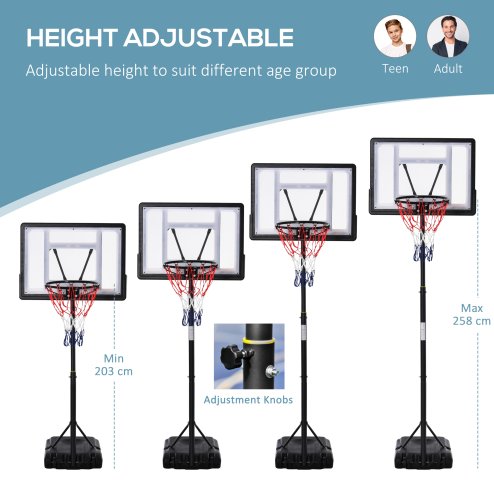 HOMCOM 5-7FT Height Adjustable Basketball Hoop and Stand, Freestanding Portable Basketball Hoop System with Fillable Base, Wheels, for Teens, Juniors, Adults, 1.55-2.1m