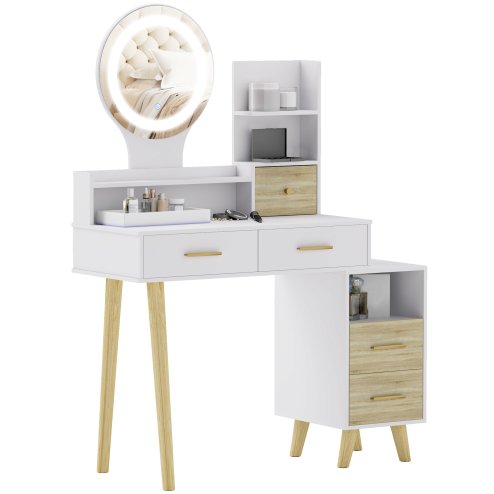 HOMCOM Dressing Table with Mirror, Vanity Table with Adjustable LED Lights, Makeup Desk with 5 Drawers and 5 Shelves, White