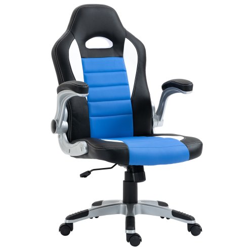 HOMCOM Computer Gaming Chair, Office Desk Swivel Chair, PU Leather Racing Chair with 90?? Flip-up Armrest, Adjustable Height and Rolling Wheels, Blue