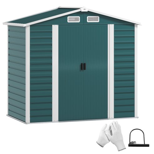 Outsunny 7 x 4ft Garden Shed, Easy to Assemble, Upgraded Galvanised Steel Frame with Foundation Kit, Double Doors with Lock, Outdoor Metal Shed with Vents and Gloves, Garden Storage Shed, Green