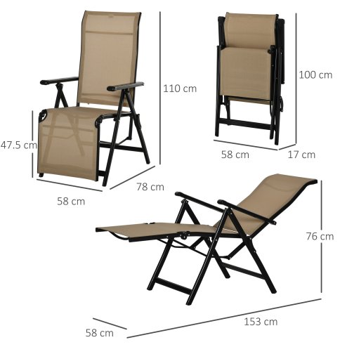 Outdoor Reclining Garden Chair Set of 2, 10-Position Adjustable Folding Sun Lounger Zero Gravity Chairs with Texteline Seat, Armrests and Footrest for Patio, Beige