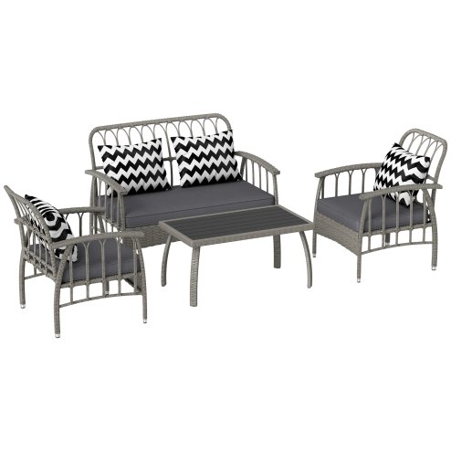 Outsunny 4 Piece Rattan Garden Furniture Set, Garden Sofa Set with 5-Level Adjustable Armchairs, Loveseat, Coffee Table and Cushions, Wicker Outdoor Conservatory Furniture for Patio Balcony, Grey