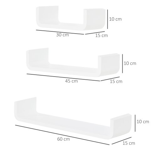 HOMCOM Floating Shelves, Set of 3 Wall Shelf, Shelves for Wall Invisible Mounting, Bedroom Living Room, White