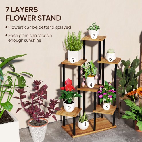 Outsunny 5 Tier Plant Stand Indoor Outdoor, Tiered Corner Steel Wood Plant Shelf for Multiple Plants, Tall Flower Stand Display Rack for Garden Patio Balcony Living Room, Carbonised Finish