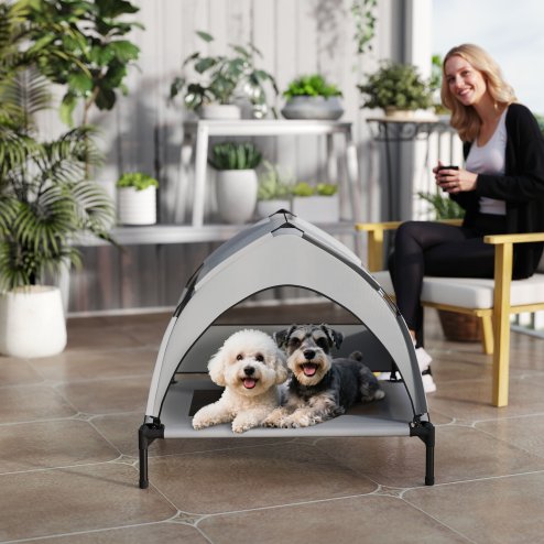 PawHut Elevated Dog Bed with Removable Canopy, Portable Cooling Raised Pet Cot with Breathable Mesh, Storage Bag, for Indoor Outdoor Use, for Small Medium Dogs, 76 x 61 x 60 cm, Light Grey