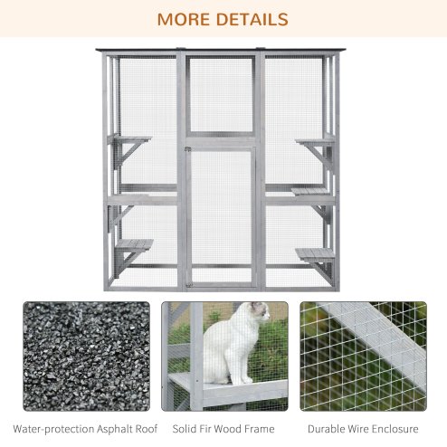 PawHut Large Outdoor Cat House, Walk-in Cat Enclosure, Wooden Catio with 6 Jumping Platforms, Waterproof Asphalt Roof