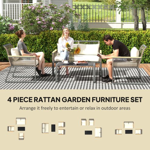 Outsunny 4 Piece Rattan Garden Furniture, 4 Seater Rattan Sofa Set, Round Wicker Rope Patio Conversation Set with 2 Armchairs, Loveseat, Glass Top Coffee Table and Cushions for Outdoor, Balcony, Grey