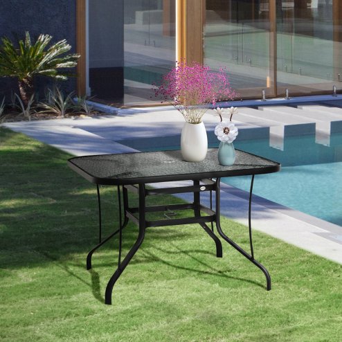 Outsunny 106.5cm Square Garden Table with Tempered Glass Top, Outdoor Patio Dining Table with Parasol Hole, Steel Frame for Garden, Lawn, Patio, Black