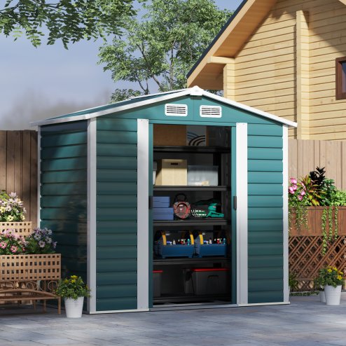 Outsunny 7 x 4ft Garden Shed, Easy to Assemble, Upgraded Galvanised Steel Frame with Foundation Kit, Double Doors with Lock, Outdoor Metal Shed with Vents and Gloves, Garden Storage Shed, Green