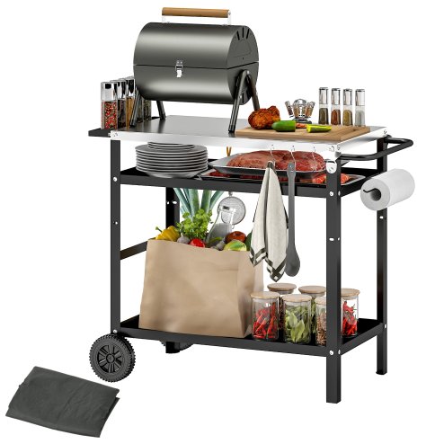 Outsunny BBQ Trolley with Stainless Steel Top Adjustable Shelf, Outdoor Kitchen BBQ Station with Hooks Seasoning Tray Towel Rack, Pizza Oven Table Movable Outdoor Grill Dining Cart with Cover, Black