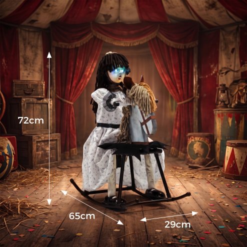 HOMCOM 72cm Animated Halloween Rocking Horse Girl Animatronic, Moving Haunted Doll with Colourful Glowing Eyes, Creepy Rhymes, Sound/Touch Activated, Holiday Prop for Indoor and Covered Outdoor