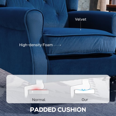 HOMCOM Retro Accent Chair, Velvet Wingback Armchair with Wood Frame Button Tufted Design for Living Room Bedroom, Blue