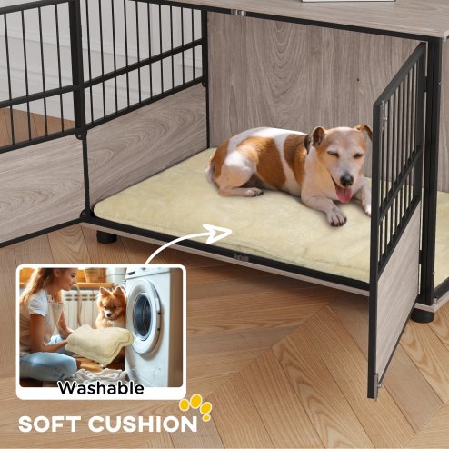 PawHut Dog Crate Furniture, Dog Cage End Table Indoor with 3 Doors, Furniture Style Dog Crate with Soft Washable Cushion, for Large Dogs, 100L x 60W x 68Hcm