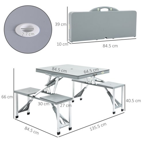 Outsunny Portable Foldable Camping Picnic Table with Seats Chairs and Umbrella Hole, 4-Seat Fold Up Travel Picnic Table, Grey