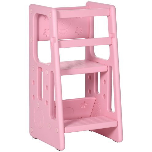 HOMCOM Kids Step Stool, Adjustable Standing Platform, Toddler Kitchen Stool , Standing Tower for Kids, Kitchen Counter with Three Adjustable Heights - Pink