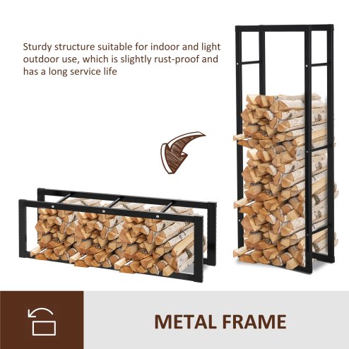 HOMCOM Metal Firewood Log Holder Tall Firewood Rack Indoor Outdoor Fireplace Wood Storage Shelf with Side Rails, Rust-Resistant, Black, 60W x 25D x 150H cm