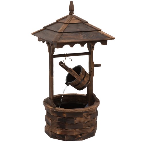 Outsunny Wooden Garden Wishing Well Fountain Barrel Waterfall Rustic Wood with Pump Garden D??cor Ornament