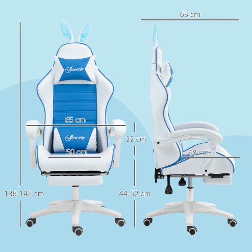 Vinsetto Reclining Racing Gaming Chair with Headrest and Lumber Support, PU Leather Computer Chair with Removable Rabbit Ears, Footrest, Blue