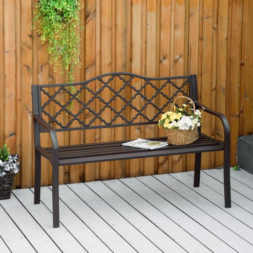 Outsunny Outdoor 2 Seater Garden Bench, Antique Style Cast Iron Loveseat with Armrest, Brown