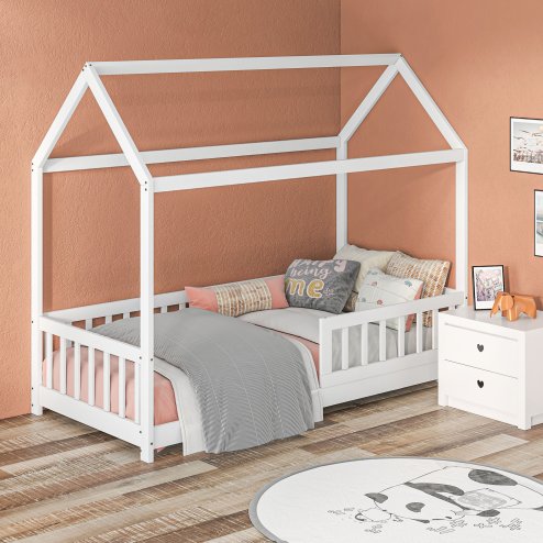 HOMCOM House-Shaped Kids Bed Frame, Solid Pine Wood Single Bed Frame with Safety Fence for Kids Boys and Girls, White