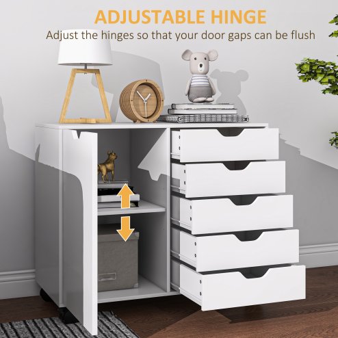 HOMCOM Lateral Office Storage Cabinet on Wheels, 5-Drawers Cabinet with Door and Adjustable Shelf for Home Office, White