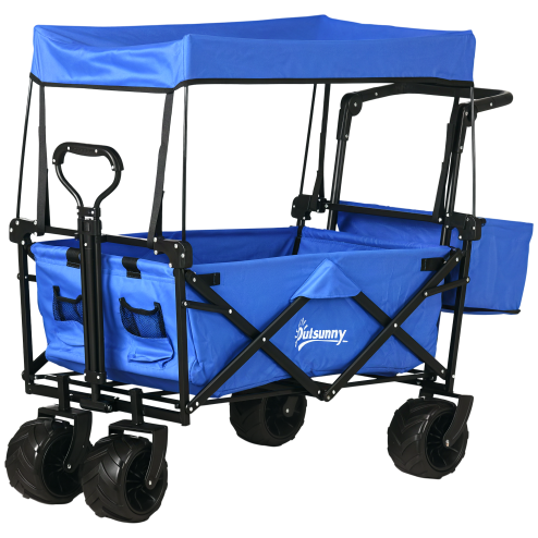 Outsunny 120L Festival Trolley on Wheels, Folding Camping Trolley Cart with Removable Canopy, All-Terrain Wheels, Adjustable Handle and Side Pockets for Garden Beach Fishing Shopping, Blue