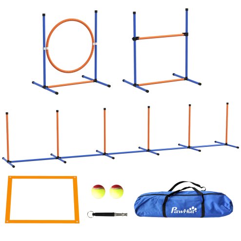PawHut Dog Agility Training Equipment, Dog Outdoor Games with Weave Poles, Jump Ring, Pause Box, Adjustable Hurdle, Pet Obstacle Course Training Set with Carry Bag, Orange