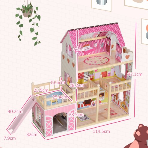AIYAPLAY Dolls House with 13 Pieces Wooden Furniture and Accessories, 3 Levels Play Set with Detachable Balcony, Garage, Movable Slides, Gift for 3-6 Years