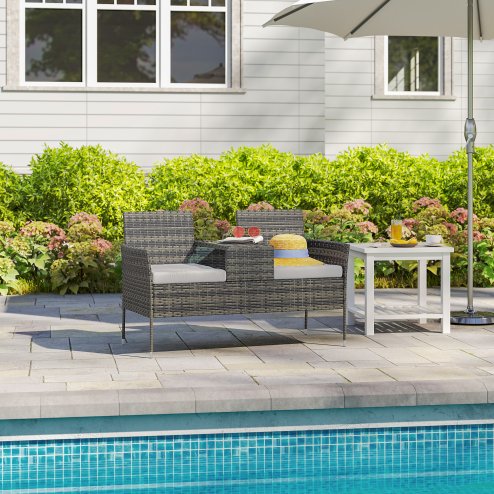 Outsunny 2 Seat Rattan Garden Bench, Patio Wicker Chair with Glass Tea Table, Outdoor Love Seat with Padded Cushions, for Garden, Porch, Charcoal Grey/Grey