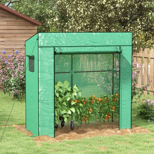 Outsunny Tomato Greenhouse with Reinforced PE Cover, Walk-in Garden Growhouse with Large Roll-up Door and 2 Mesh Windows, Portable Indoor Outdoor Green House, 196L x 77W x 178Hcm, Green