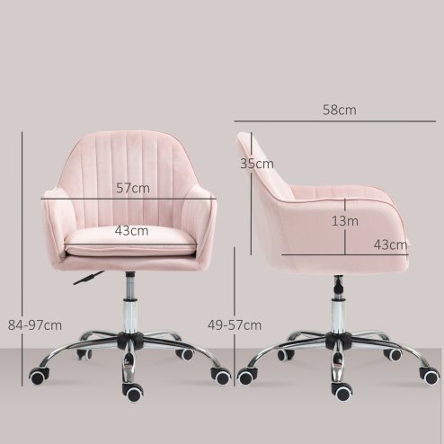HOMCOM Office Chair, Swivel Desk Chair, Velvet-Feel Fabric Vanity Chair with Adjustable Height and Rolling Wheels for Home Work Study, Pink