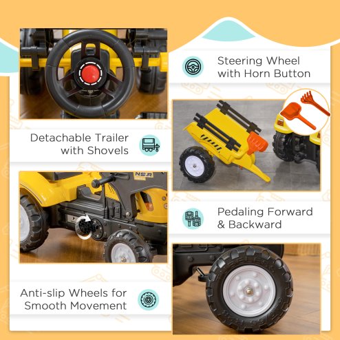 HOMCOM Kids Pedal Go Kart, Children Ride on Digger, Ride on Toy Car, Excavator Tractor Digger Dumper for Kids 3 Years, Yellow