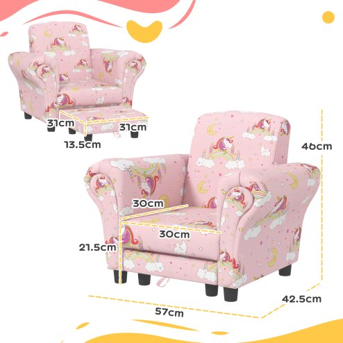 AIYAPLAY Kids Armchair with Stool, 2 Piece Kids Sofa Set with Unicorn Design, Wooden Frame, Upholstered Kids Chair for Bedroom, Playroom, Kid Room, for 1.5-3 Years Old, Pink